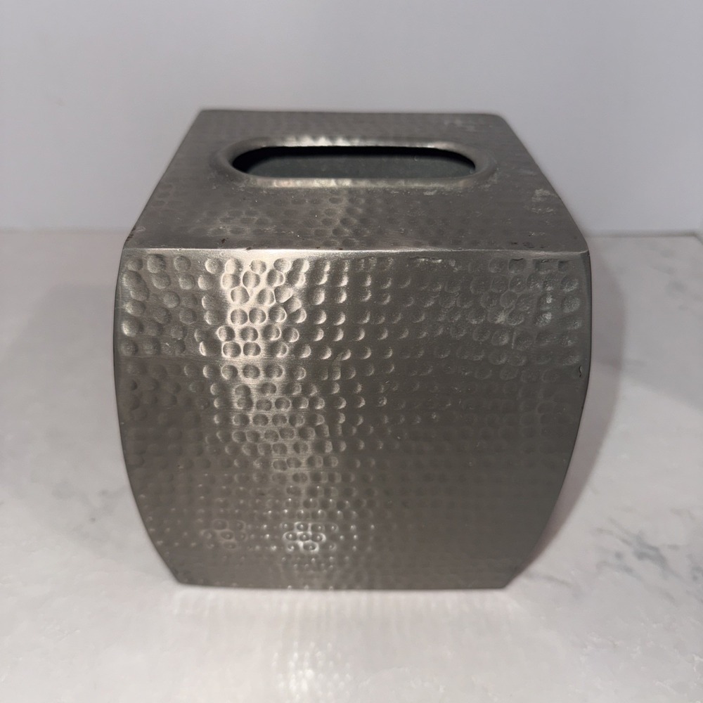 Silver Hammered Metal Square Tissue Box Cover Scrolled Base